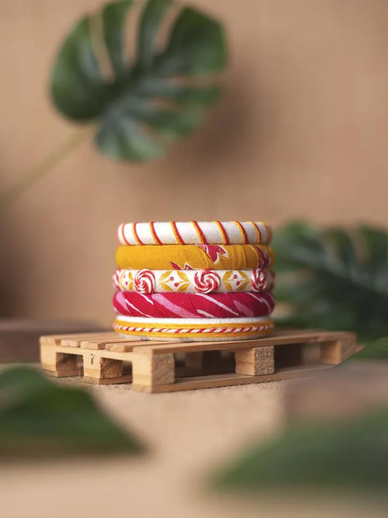 Savya Handmade Floral Threadwork Bangles - Yellow & Pink